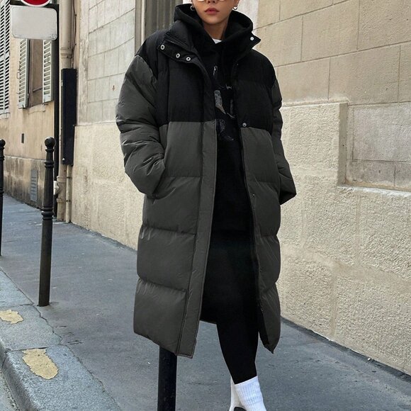 Jackets & Blazers - Dark Grey Casual Women's Color Block Hooded Padded Coat